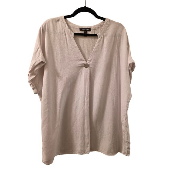 Ellen Tracy Linen White Short Sleeve Top Size XL V-Neck Lagonlook Boho Oversized - Picture 1 of 7
